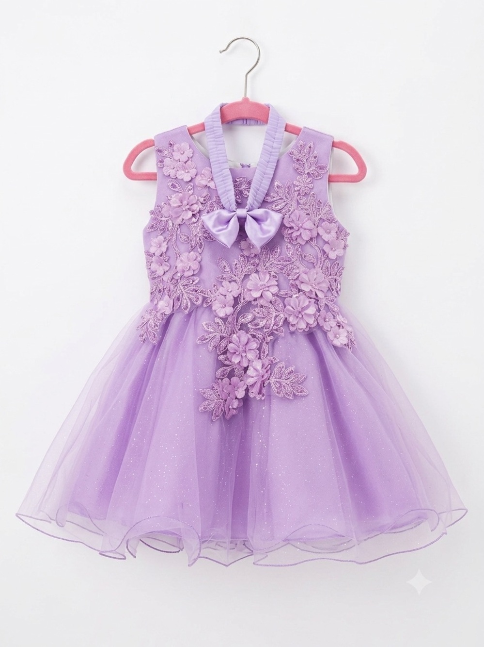 Girls Lavender Embroidered Tulle Party Dress with Bow